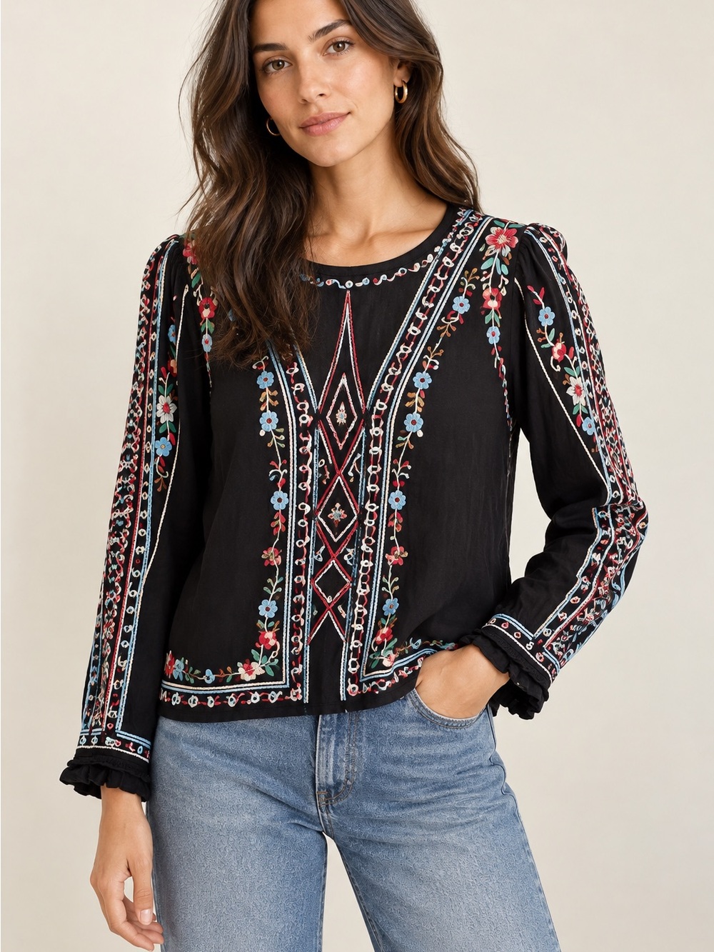 Anthropologie One September Wesley Embroidered Black Top Size Small